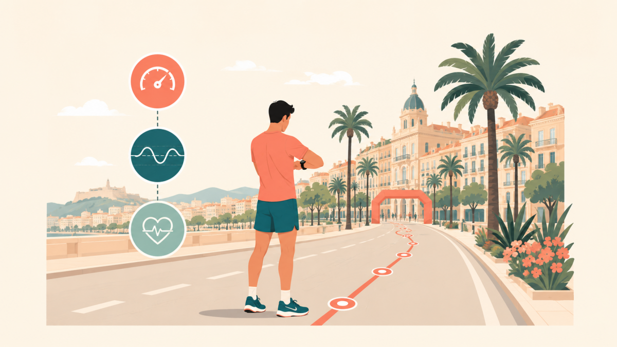 Coureur sur un boulevard méditerranéen vérifiant son allure avant une course urbaine de dix kilomètres.