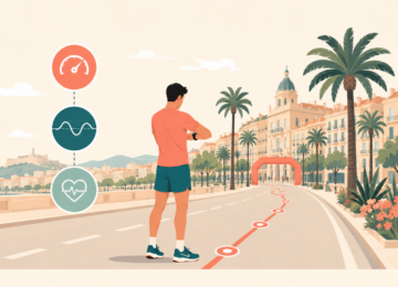 Coureur sur un boulevard méditerranéen vérifiant son allure avant une course urbaine de dix kilomètres.