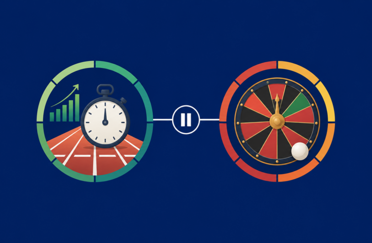 Un chronomètre et une roue de jeu reliés par un symbole de pause