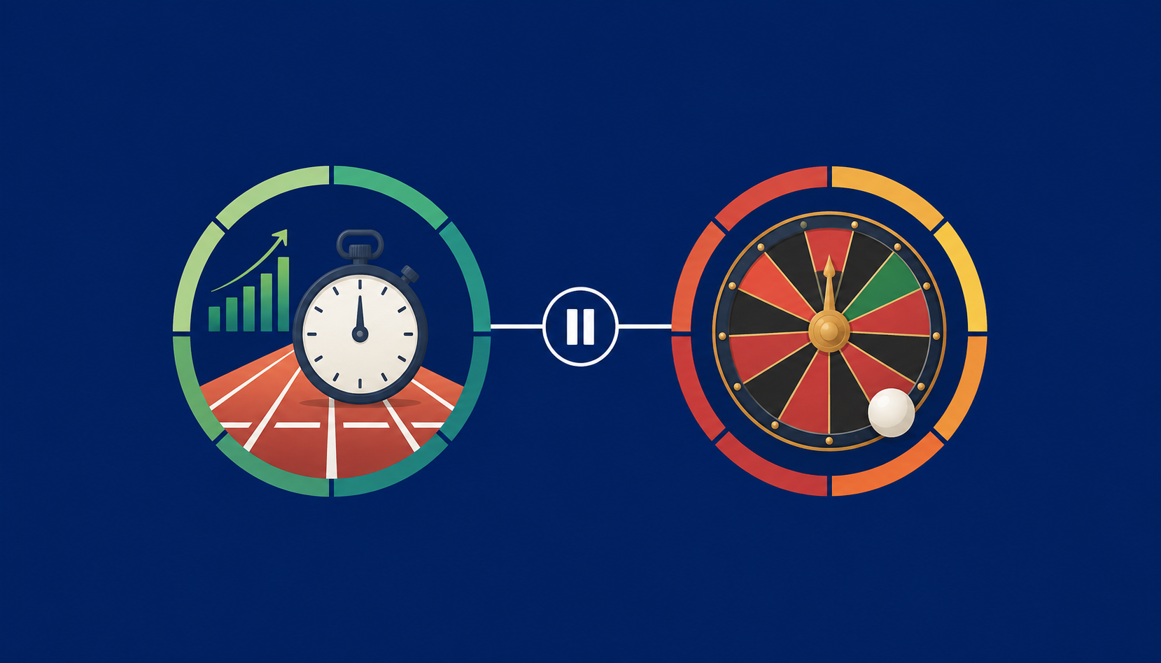 Un chronomètre et une roue de jeu reliés par un symbole de pause